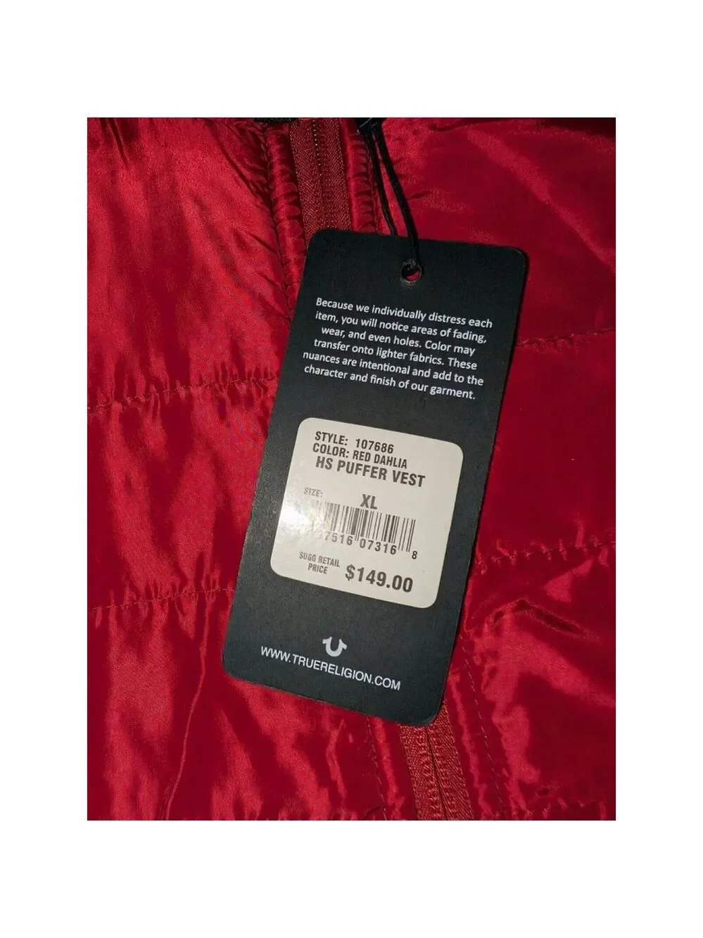 NEW True Religion Men’s Red Dahlia Quilted Full Zip HS Puffer Vest XL $149